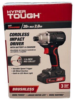 Hyper Tough 20V Brushless Impact Driver 2.0Ah Battery Charger 1/4" Hex 22006.2